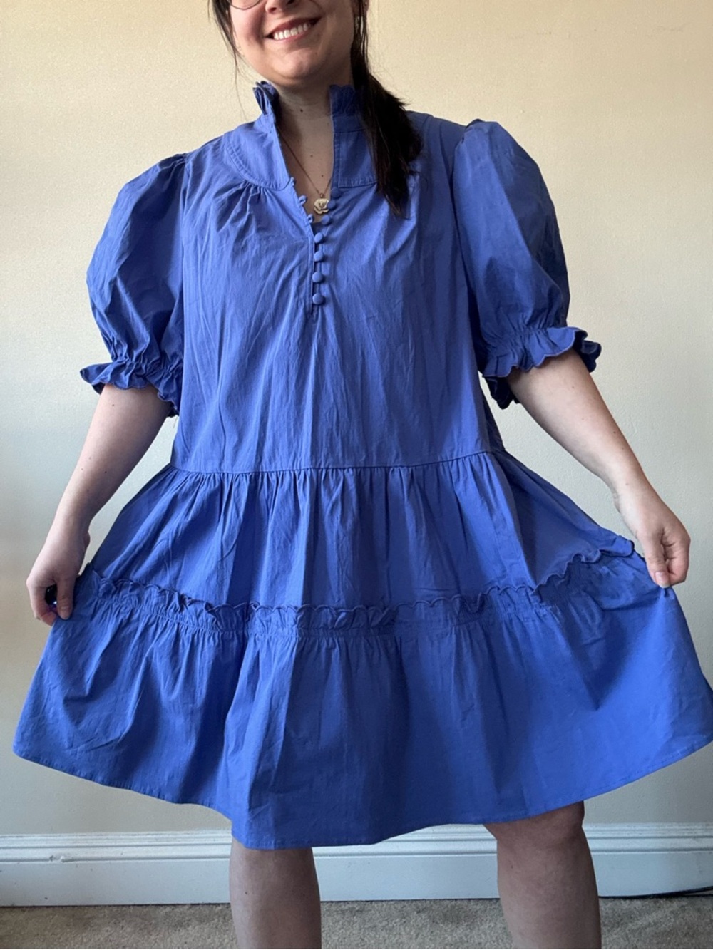 Pomander Place Azure Blue Ruffled Neck Mini Dress - Picture 3 of 10